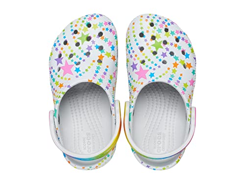 Image of Crocs Kids Classic Clog Seasonal Graphic for Toddler - Thermoplastic Upper with Jibbitz Charms, and Pivoting Heel Strap Shimmer /Multi Disco Party 4 Toddler M