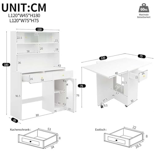 Îlot de cuisine avec table pliante 2-en-1 et buffet pour petits espaces