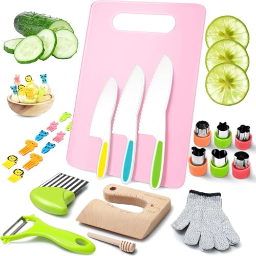 LETTO & TAILOR Kids Knife Set for Chopping 25-Piece Toddler Cooking Set with Wooden Knives Kids Safety Gloves Chopping Board & More Montessori Knife Set for Real Cooking with Toddlers