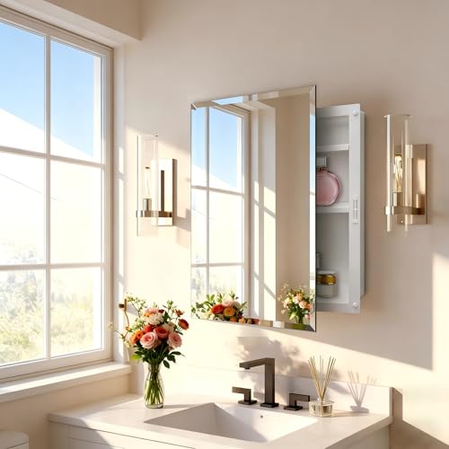 Image of 17x27 Plastic Medicine Cabinet with Mirror, Recessed or Surface Mount