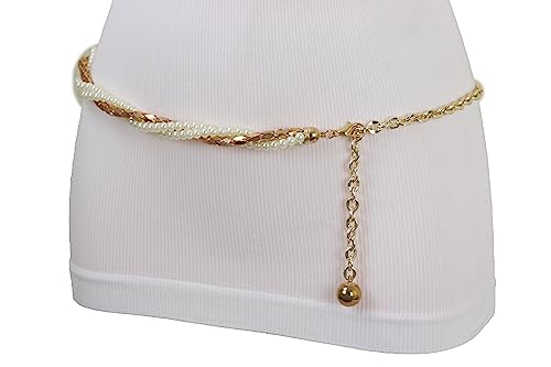 Women Fashion Skinny Belt Gold Metal Chain Twisted Braided Beads Waistband M L XL2