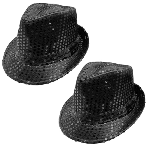 FUIPVGI 2 Piezas Sombrero de Lentejuelas Sombrero de Baile Jazz Disfraz, Vestido de Discoteca Accesorio, Chistera Glitter Unisex para Carnaval Disfraz Fiesta de Disfraces, Fiesta Temática (Negro)