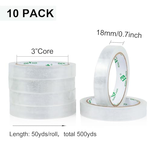 BOMEI PACK 10Rolls Clear Tape Refills for Dispenser, Transparent Gift Wrap Tape 3 Core Tape for Home, School and Office, 3/4inch x 50yds