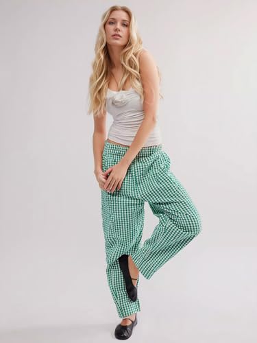 Image of YKR Plaid Pants for Women Gingham Lounge Wide Leg Low Waist Pajama Pants Elastic Waist Trousers with Pocket