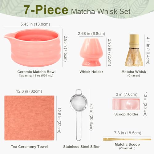 ShareAll Matcha Whisk Set – 7-Piece Matcha Set & Complete Matcha Kit with Glossy Pink Ceramic Bowl, Bamboo Chasen, Sifter – Coffee Alternative, All-in-One Lattes & Tea Ceremony, Gift for Her (Pink) — view 6