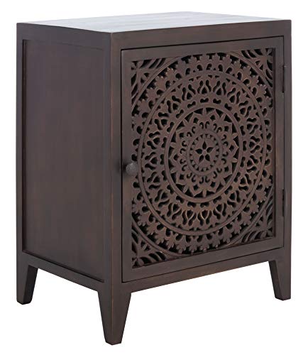 SAFAVIEH Furniture - Thea 1-Door Carved Nightstand - Brown - Mango Wood - Artisan...