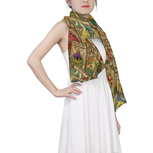 Vintage Tarot Cards Old Retro Style Women Long Silk Scarf, Shawl Chiffon Large Stole Headscarf, Lightweight Sunscreen Satin Scarves Wraps for Wedding Party Gift3