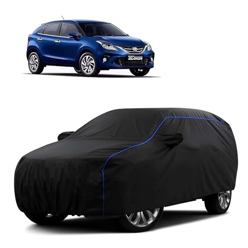 Image of Sulfar 100% Water Resistant Car Body Cover Compatible with Mirror for Toyota Glanza(Baleno) (Triple Stitched, Full Bottom Elastic, Black Tafetta with Blue Piping)