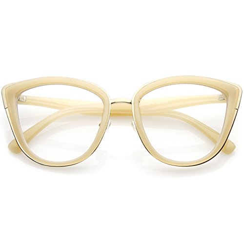 zeroUV - Oversize Rimmed Metal Frame Clear Lens Cat Eye Glasses 55mm (Creme Gold/Clear)