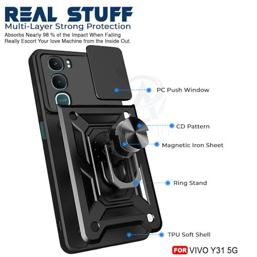 Image of Luxe Back Cover Compatible for Vivo Y31 | D10 Tough Armor Case | Sliding Camera Shield | 360 Protection | Kickstand Ring Holder | Military-Grade Bumper Case - Black