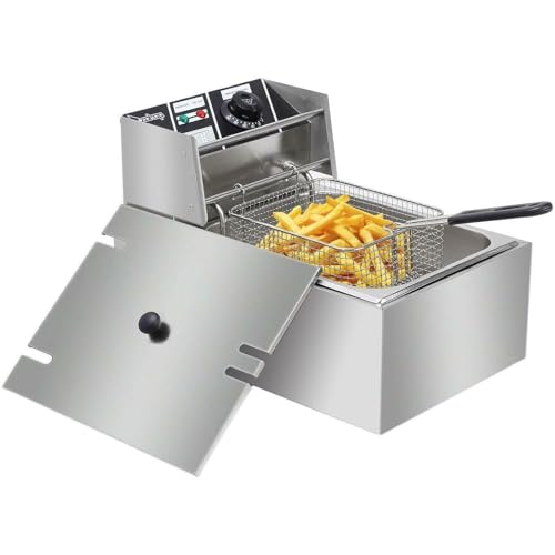 Freidora eléctrica de Acero Inoxidable Comercial con Cesta y Tapa, freidora de encimera de Acero Inoxidable Resistente, para hogar, Cocina y Restaurante (6 L)
