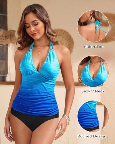 Image of Yonique Womens Two Piece Swimsuits Tummy Control Tankini Plus Size Bathing Suit Halter V Neck Swimwear