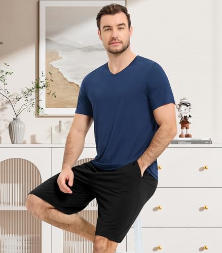 Image of NACHILA Men's Pajamas-Viscose Made from Bamboo, Short Sleeve Top with Shorts Pjs Set V Neck Sleepwear Cool Loungewear