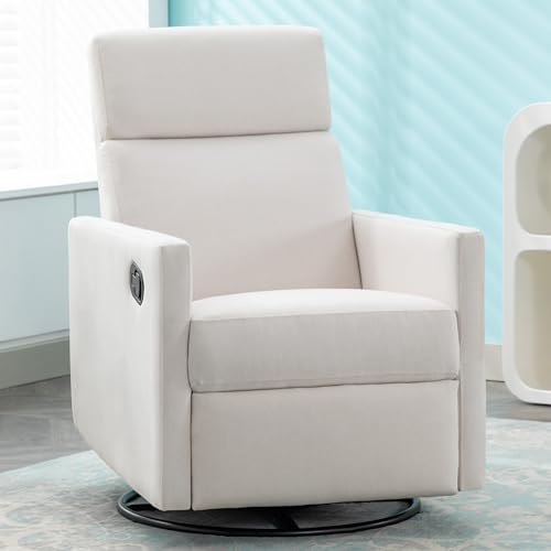 Image of LUMISOL Swivel Rocking Recliner Chair for Adults, Nursery Glider Chair Manual Reclining Single Sofa Chair, Linen Upholstered Glider Rocker Recliner with High Back, Beige