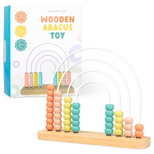 Image of Play Platoon Wooden Abacus for Kids Math - Wooden Rainbow Toy Abacus for Toddlers 1-3, Boho Rainbow Nursery Decor, Boho Baby Aesthetic Neutral Baby Toys, Montessori Counting Beads