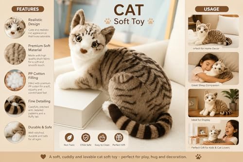 Image of Cat Soft Toy 35cm with Meow Meow Sound, Realistic Plush Cat Stuffed Animal, Cute Cat Plushie for Kids Boys Girls, Birthday Gift, Home Decor(Gray)