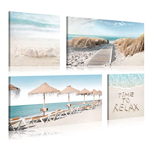 Dream Land Beach Coastal Canvas Wall Art: Beachy Seascape Picture Modern Large Blue Sea Relax Theme Painting Seaweed Prints Nature Rustic Seaside Landscape Watercolor Artwork For Living Room #TOP29