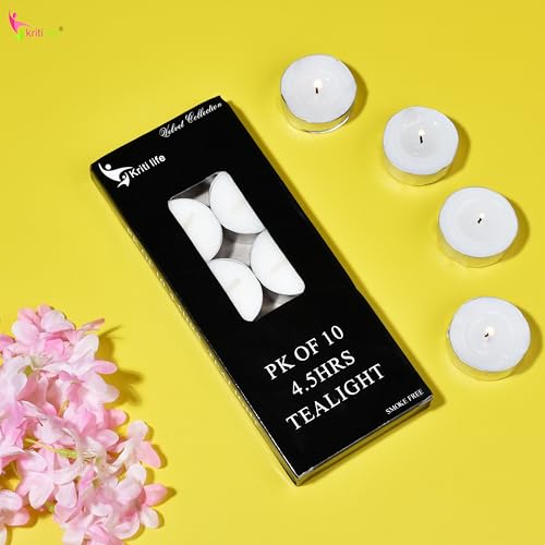 Image of Kriti Life Tealight Candles - 100% Paraffin Wax, Smokeless & Unscented, Long Burn 4.5 Hours, Set of 10 Pcs, Dripless White Candles for Home Decor, Diwali, Weddings, Meditation