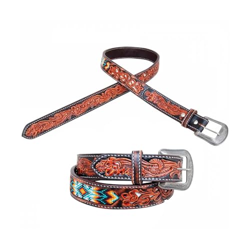 Circle Y Men' Inlay Beaded 1.5" Wide Durable Tooled Vintage Leather Casual Outdoor Cowboy Belt w/Silver Etched Buckle4