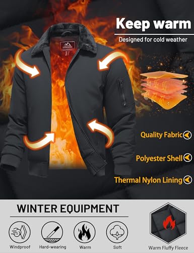Image of TACVASEN Men's Fleece Jacket Full Zip Up Warm Bomber Jackets for Daily Wear | Winter thick jacket coat for men , fur collared bomber style with 4ple pockets for travel, outdoor walking