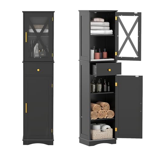 GIANTEX Armario de Suelo Alto con 2 Puertas y 1 Cajón, Estantes Ajustables en 3 Posiciones, 40 x 30 x 168 cm, con Kit Antivuelco, Mueble de Almacenamiento Estrecho para Baño, Salón, Cocina (Negro)