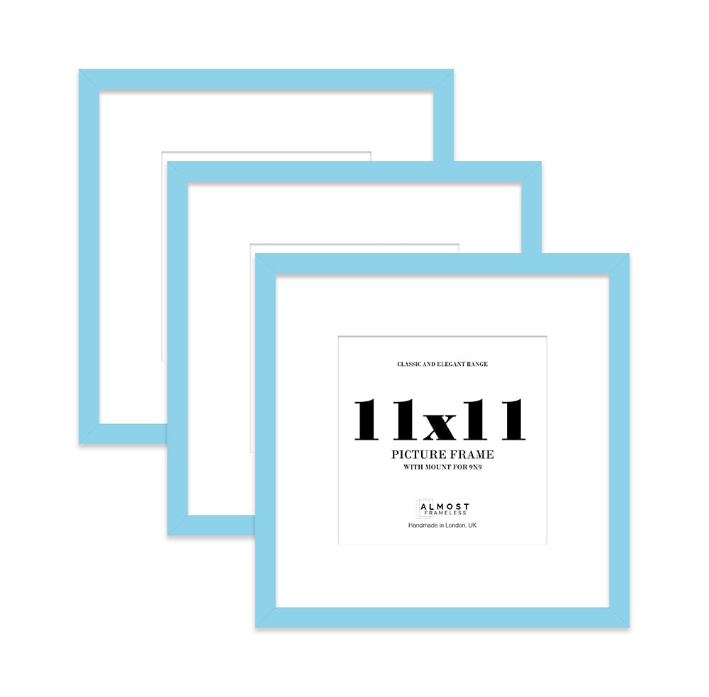11x11 Light Blue Picture Frame with Mount for 9x9 Photos, Prints - Modern Square Wall Frame, Set of 3