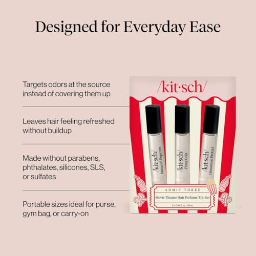 Image of Kitsch Hair Perfume for Women - Movie Theater Set | Deodorizing & Patented Odor-Eliminating Technology Hair Spray & Body Mist - Buttered Popcorn, Fizzy Cola & Cinnamon Pretzel, 3x10mL