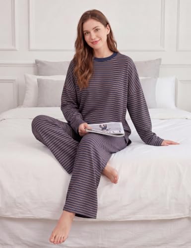 Image of MISSACTIVER Women's 2 Piece Striped Lounge Set Long Sleeve Oversized T-Shirt Wide Leg Pants Matching Pajamas Set