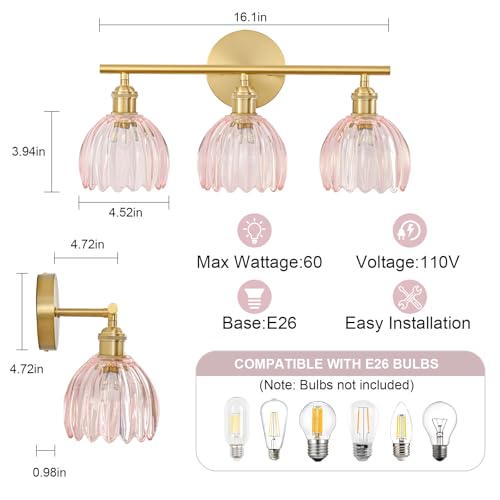 Image of Gold Bathroom Light Fixtures Over Mirror, 3 Light Bathroom Vanity Light with Tulip Pink Glass Lampshade, Vintage Vanity Lights for Bathroom, Bathroom Vanity Lights Over Mirror