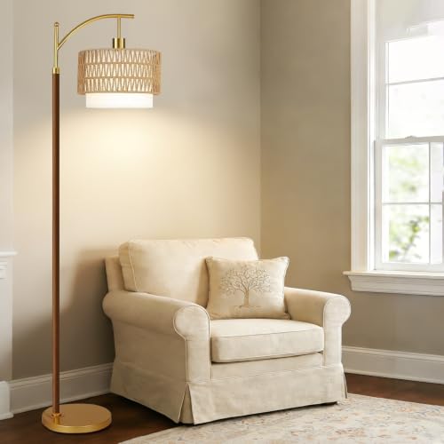 Image of ZECOXOL Boho Floor Lamps for Living Room Rattan Floor lamp with Remote Control & 3 Color Temperatures,Vintage Wood Mid Century Modern Standing Lamp Dimmable Tall Floor Lamp for Bedroom Corner