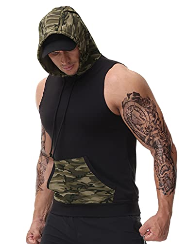 PJ PAUL JONES Mens Sleeveless Hoodie Shirts Fitness Stringers Gym Workout Tank Tops Sweatshirt Black 2XL