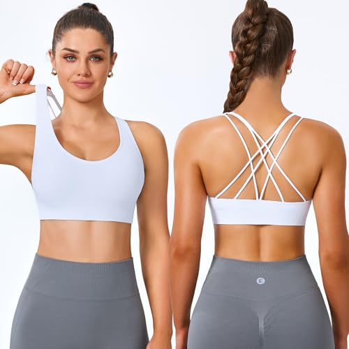 Image of Women's Cross Back Sport Bras, Seamless Padded Strappy High Support Yoga