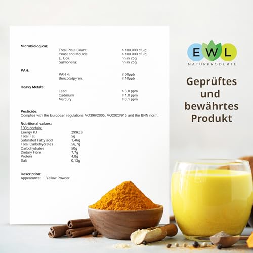 EWL Naturprodukte BIO Goldene Milch 275 g, Golden Milk mit Kurkuma, Ingwer, Ashwagandha, Ceylon Zimt, Ceylon Pfeffer und Kokosblütenzucker