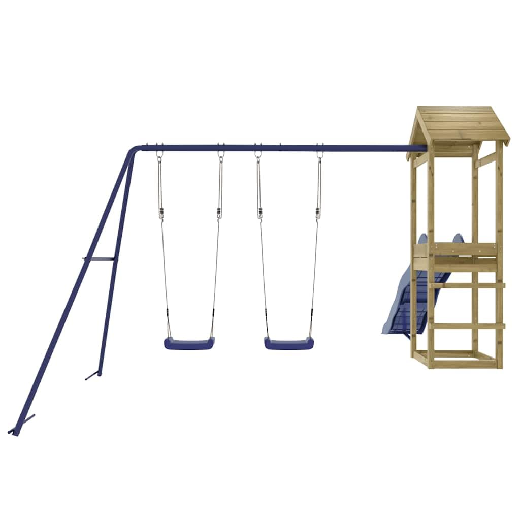 Torre da gioco in legno di pino impregnato con scivolo, doppia altalena e sabbiera, struttura da arrampicata per giardino, giocattolo per bambini dai 3 anni in su