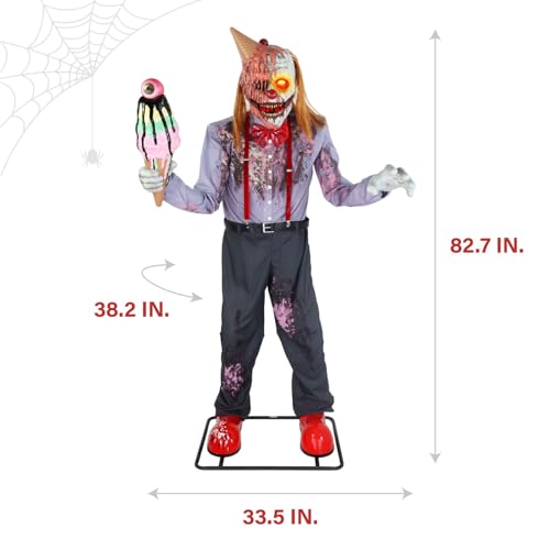 Haunted Hill Farm 6.5-Ft Animatronic I Scream Clown by Tekky, Halloween Animatronic, Creepy Party Decor, Indoor & Covered Outdoor Spooky Party Decoration Motion-Activated Lights & Sound, LifeSize