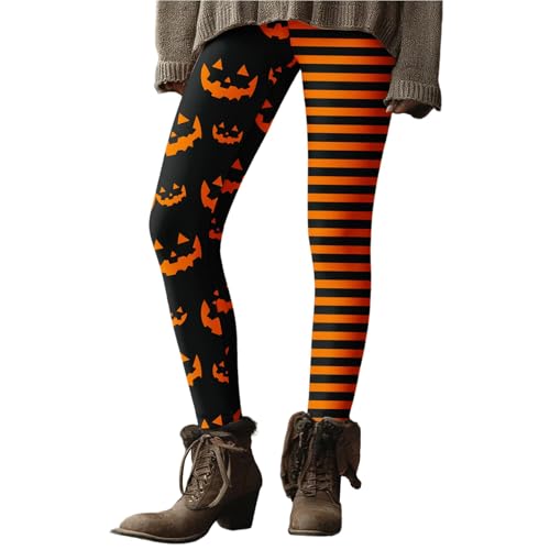 Cocila Halloween Leggings for Women UK Pumpkin Head Stripes Print Slim High Waist Elastic Halloween Party Women's Super Soft Yoga Workout Fitness Running Gym Cellulite Casual Pants Purple S