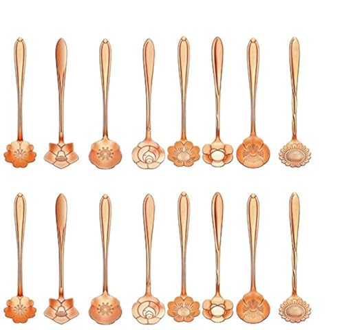 16-Piece Stainless Steel Tableware - Creative Flower Design Coffee, Sugar, Tea & Stir Spoons, 8 Patterns, 2 Sets (Rose Gold)