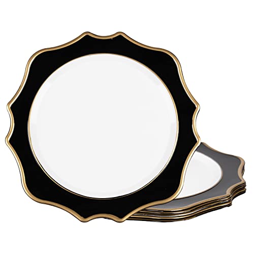 Maoname 13" Black Charger Plates Set Of 6, Scallop Plate Chargers With Gold Rim, Round Chargers For Dinner Plates, Plastic Chargers For Table Setting, Wedding Decor #TOP7