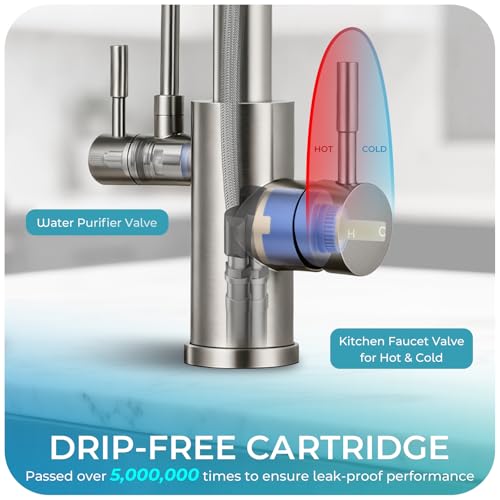 Image of Kitchen Faucets with Water Filter - Brushed Nickel 2 in 1 2-Handle Kitchen Faucet with Pull Down Sprayer, High Arc Stainless Steel Pull Out Kitchen Sink Faucet with Deck for 1 or 3 Hole