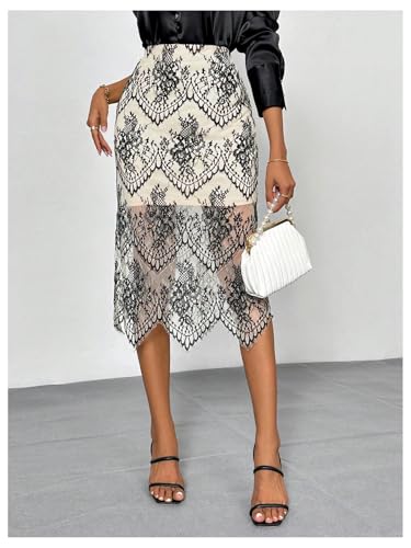 Floerns Women's Elegant Lace Overlay Asymmetrical Hem High Waist Pencil Midi Skirt4