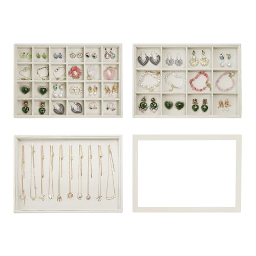 Image of Wudygirl Set of 4 Stackable Jewelry Organizer Drawer Insert Velvet Jewelry Tray with Clear Lid Earring Organizer Bracelet Necklace Ring Holder for Women Girls(Set of 4,Beige)