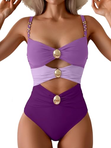 Image of B2prity Cutout One Piece Swimsuit Tummy Control Ruched Monokini Color Block Bathing Suit for Cruise Vacation