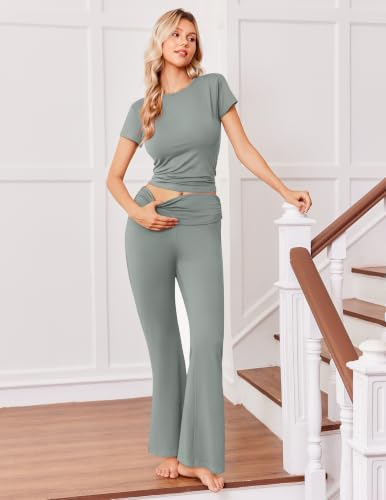 Image of Ekouaer Womens Pajama Set Short Sleeve Crop Top Foldover Flare Pants | Soft Comfy Stretchy, Summer Wear Fall Layer, High Waist Fold Waistband For Loungewear Yoga Daily Casual Wear