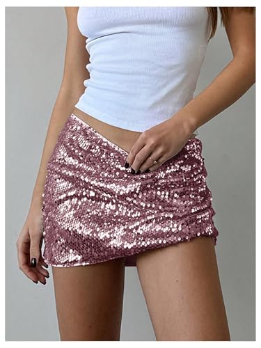 SweatyRocks Women's Sequin Mini Skirts Ruched Low Rise Sparkly Night Out Party Skirts4