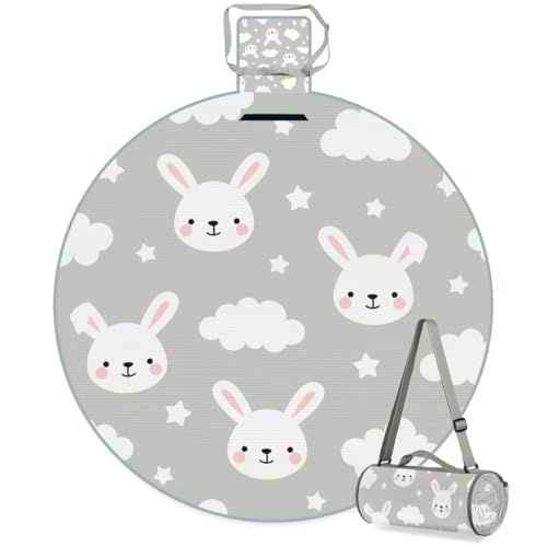 Shimoshe White Cloud Smiling Bunny Picnic Outdoor Blanket Foldable Waterproof Sandproof Beach Blanket Portable Water-Resistant Round Picnic Mat for Travel Camping Park Lawn