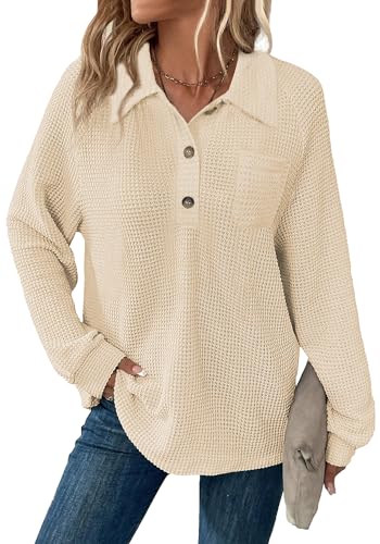 Balivsa Ladies Tops and Blouses Oversized V-Neck Long Sleeve Sweatshirts Pockets Flowy Tops for Women Apricot XLarge