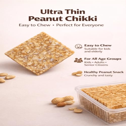 Image of Season's Edition Thin Peanut Chikki-250 gm | Easy to Bite, Soft Crunch, Ideal for Kids & Seniors | Nutritious, Delicious, High Protien, Healthy Gajak Snack with Crushed Peanuts & Jaggery | No Added Preservatives or Colors