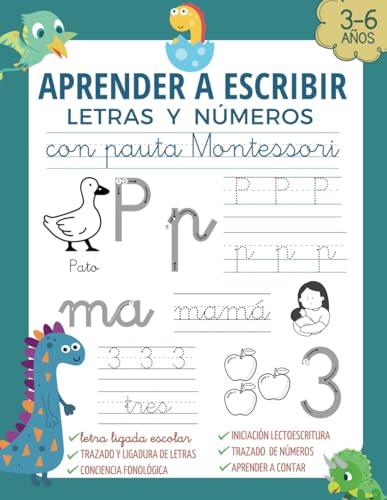 APRENDER A ESCRIBIR LETRAS Y NÚMEROS CON PAUTA MONTESSORI: Caligrafía iniciación a lectoescritura niños de 3 4 5 6 años . Libro de escritura letra ... versión en español