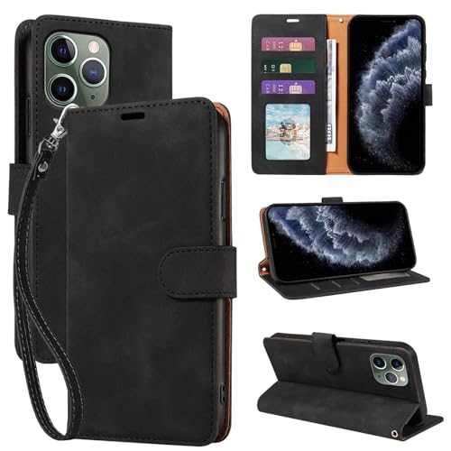 JHWVVTF for iPhone 11 Pro Case Wallet [RFID Blocking 3 Card Slots] Phone Stand Wrist Strap Magnetic Closure Soft Leather Shockproof Protective Flip Cases Cover (Black)