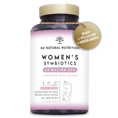 Kulturen Komplex für Frauen Intimflora, mit 50 Mrd. KbE und 17 Stämme. Intimpflege damen, Milchsäurebakterien, Cranberry, Eisen und Folsäure für eine Komplettlösung. 60 Kapseln. N2 Natural Nutrition